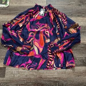 Oliphant High Neck Blouse XXL 14-16 Arabia Navy color NWT Silk Blend Fabric
